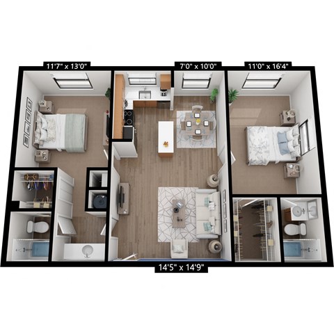 Floor plan for 2 beds, 2 baths, 1014 sqft